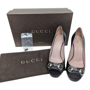 NIB Gucci Black Leather Horsebit Hollywood Peep Toe Heels Pumps Size EU 37